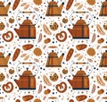 Watercolor vintage pastry seamless pattern with illustration of bakery products in cartoon style isolated on white
