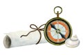 Watercolor vintage pocket compass with paper scroll and seashell. Nautical hand drawn navigation element illustration Royalty Free Stock Photo