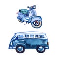 Watercolor vintage retro blue van and bike, isolated on white background Royalty Free Stock Photo