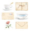 Watercolor vintage retro letters tied with rope, tea mugs and rose flower Royalty Free Stock Photo