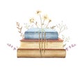 Watercolor vintage retro pile of books in different colors with meadow dried flowers