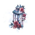 Watercolor Vintage Rust Shabby Lantern with Deep Red Rose