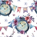 Watercolor Vintage Seamless Pattern with Alarm Clock, Flowers in