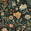 Watercolor vintage seamless pattern. Blooming summer flowers on black background.
