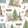 Watercolor cartoon seamless pattern with Christmas objects Royalty Free Stock Photo