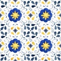 Watercolor vintage seamless pattern consisting of yelllow and blue Mediterranean tiles and elements. Hand painted