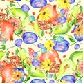 Watercolor, vintage seamless pattern - fruit ripe pomegranate, pear, figs, slices of figs, plum,grapefruit.drawing of fruits,calen