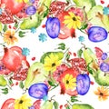 Watercolor, vintage seamless pattern - fruit ripe pomegranate, pear, figs, slices of figs, plum,grapefruit.drawing of fruits,calen