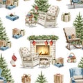 Watercolor cartoon seamless pattern with Christmas objects composition Royalty Free Stock Photo