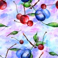 Watercolor, vintage, seamless pattern - plum branch, cherry berry, leaf. Sprig plums with leaves Royalty Free Stock Photo