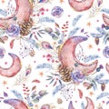 Watercolor vintage seamless pattern with moon