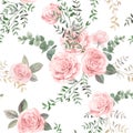 Watercolor vintage seamless pattern with pink roses and leaves for summer textiles of women Royalty Free Stock Photo