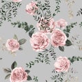 Watercolor vintage seamless pattern with pink roses and leaves for summer textiles Royalty Free Stock Photo