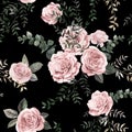 Watercolor vintage seamless pattern with pink roses and leaves for summer textiles of women is dresses Royalty Free Stock Photo