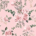 Watercolor vintage seamless pattern with pink roses and leaves for summer textiles of women is dresses Royalty Free Stock Photo