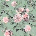 Watercolor vintage seamless pattern with pink roses and leaves for summer textiles of women is dresses Royalty Free Stock Photo