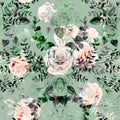 Watercolor vintage seamless pattern with pink roses and leaves for summer textiles of women is dresses Royalty Free Stock Photo