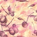 Watercolor, vintage, seamless pattern - plum branch, cherry berry, leaf. Sprig plums with leaves