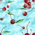 Watercolor, vintage, seamless pattern - plum branch, cherry berry, leaf. Sprig plums with leaves Royalty Free Stock Photo