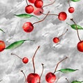 Watercolor, vintage, seamless pattern - plum branch, cherry berry, leaf. Sprig plums with leaves