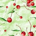 Watercolor, vintage, seamless pattern - plum branch, cherry berry, leaf. Sprig plums with leaves