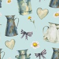 Watercolor vintage seamless pattern of rustic farmhouse jug