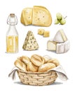 Watercolor set with food variety of cheeses, drink, bread and grapes Royalty Free Stock Photo