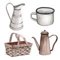 Watercolor vintage set of kitchenware like iron jug, white cup, wooden basket and rown teapot Royalty Free Stock Photo