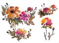 Watercolor vintage set of yellow pink flowers