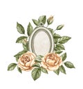 Watercolor vintage silver oval brooch and roses Royalty Free Stock Photo