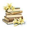 Watercolor vintage stack of books and flowers of yellow lily