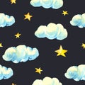 Watercolor vintage stars and clouds seamless pattern