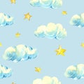 Watercolor vintage stars and clouds seamless pattern