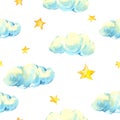 Watercolor vintage stars and clouds seamless pattern
