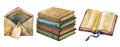 Watercolor vintage stationery set featuring an empty envelope with a tag, a stack of old books, and an open aged book. Perfect for Royalty Free Stock Photo