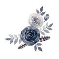 Watercolor vintage style roses arrangement with black foliage and feathers, isolated on white background. Victorian