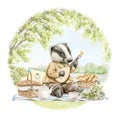 Watercolor cartoon composition with badger musician in clothes playing the lute at picnic in nature