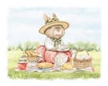 Watercolor cartoon composition with bunny rabbit in vintage outfit on picnic in summer green nature