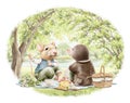 Watercolor cartoon composition with mouse and mole animals on picnic