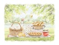 Watercolor cartoon composition with vintage picnic sweet food on plaid on green landscap Royalty Free Stock Photo