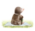 Watercolor cartoon composition with little cartoon mole sitting in vintage outfit