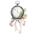 Watercolor vintage table clock with bow. Christmas illustration with pine needles and berries isolated on white