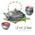 Watercolor Vintage teapot, two cups of tea Royalty Free Stock Photo