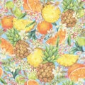 Watercolor Vintage Tropical Summer Fruit Seamless Patternon Blue