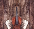 Watercolor vintage violin fiddle musical instrument with music notes on wooden texture background Royalty Free Stock Photo