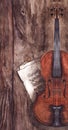 Watercolor vintage violin fiddle musical instrument with music notes on wooden texture background Royalty Free Stock Photo