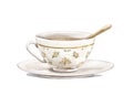 Watercolor vintage white tea cup on saucer with golden spoon and floral pattern