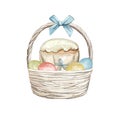 Watercolor vintage wicker basket with Easter cake, colorful eggs and bow Royalty Free Stock Photo