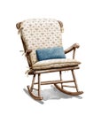 Watercolor cartoon wooden rocking chair with brown pattern and knitted pillow Royalty Free Stock Photo