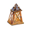 Watercolor vintage wooden lantern, rustic illustration